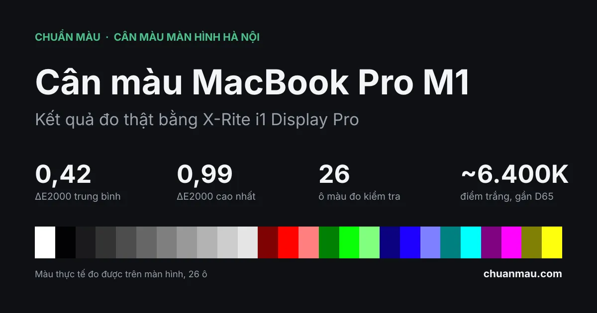 Kết quả cân màu MacBook Pro M1 bằng i1 Display Pro: ΔE2000 trung bình 0,42